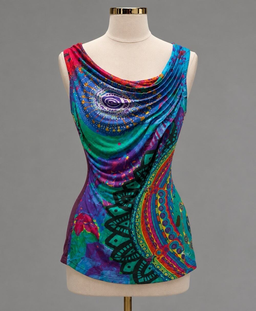 Desigual Women’s Multicolor Sz L Abstract Mandala Cowl Neck Sleeveless Tunic Top